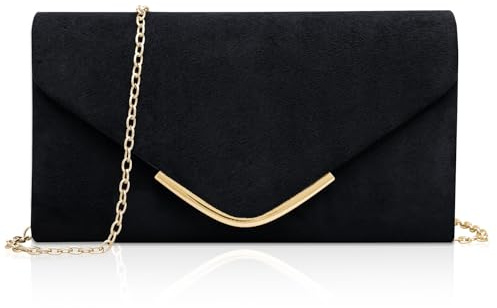 Larcenciel Bolso Mujer de Ante, Elegante Bolso Negro de Mano con Cadena Desmontable, Sobre Clutch Fiesta de Noche de Terciopelo Clásico, Cartera de Mano de Moda para Boda, Fiesta, Cóctel, 22x11x5CM