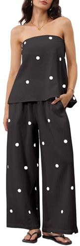 MSBESYOR Women 2 Piece Polka Dot Tube Top Set Strapless Bandeau Blouse Wide Leg Spot Print Pants Outfits Summer Lounge Sets