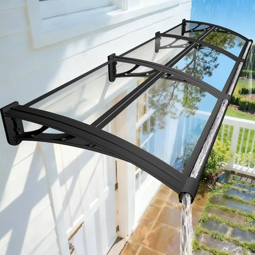 NacstarHome Pensilina Tettoia da Esterno 100x500cm, Resistente alle Intemperie Pensilina con Lavandino per Balcone per Finestra Tetto Piastra in Policarbonato Trasparente, Staffa Nero