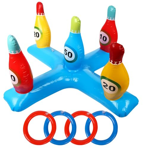 Inflatable Bowling Cross Ring, Pool Ring Toss Toy for Kids and Adults, Inflatable Swimming Pool Game Toys, Toss Game Set with 4 Rings Summer Gift for Hawaii Party Decor Swimming Pool