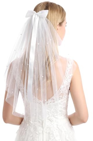 Ouligay White Short Bride Veil Bow Pearl Bridal Veil for Bachelorette Party Decorations Bride Headband Decorations Bridal Shower Gift
