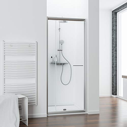 Schulte porte de douche pivotante en niche ajustable 80-90 x 185 cm, aspect chromé, profilé et encadrement extensible jusqu’à 12 cm, verre de sécurité 5 mm transparent, largeur d'accès 45-57 cm