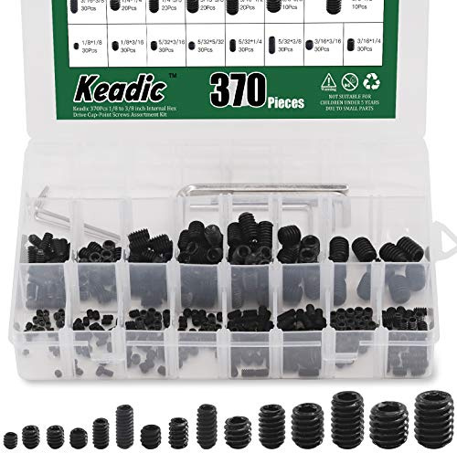 Keadic 376Pcs Internal Hex Drive Cup-Point Screws Assortment Kit, 15 Sizes Alloy Steel Hex Socket Set Cap Point Grub Screws, Socket Head Cap Screws Grub Screws, Black (1/8 to 3/8)