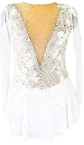 Schlittschuh-Kleid für Damen, Mädchen, Kinder, Profi, Eiskunstlaufen, Blumenkleid, hohe Elastizität, für Wettkämpfe, handgefertigt, Strass, lange Ärmel, Weiß, XL