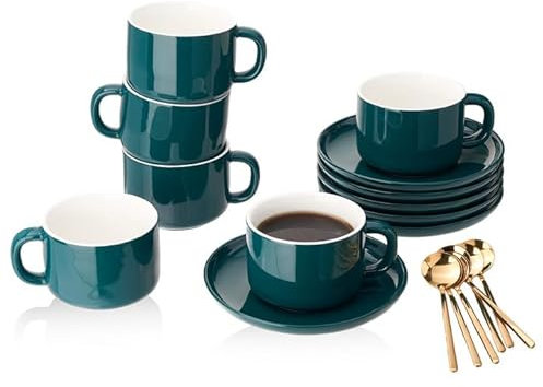 CHILDIKE Juego de 6 tazas de café y platillos de porcelana con cuchara dorada de 220 ml/226.8 g, tazas de café verde de cerámica para té, espresso