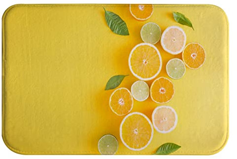 A.Monamour rutschfest Saugfähig Badematte Tropische Früchte Mit Blättern Zitronen Orange Auf Pastellgelbem Hintergrund Flanell Badteppich Badvorleger Badewanne Dusche Duschvorleger 40x60cm
