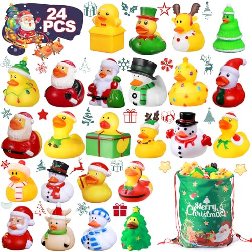 SCIONE 24PCS Patos de Goma Navideños Juguetes para el baño Juguetes de Navidad para Fiestas Infantiles Juguetes de Piscina para Baby Shower Premios para niños Productos para Fiestas de cumpleaños