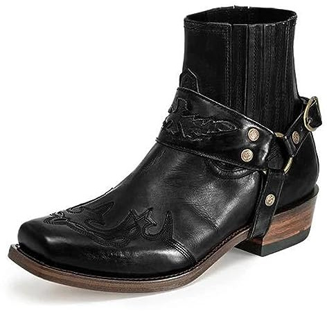 Bottines Western pour Hommes Boucle Sangle Bottes Rétro Cuir Bout Carré Cowboy Bottes Courtes Moto, Noir, 43