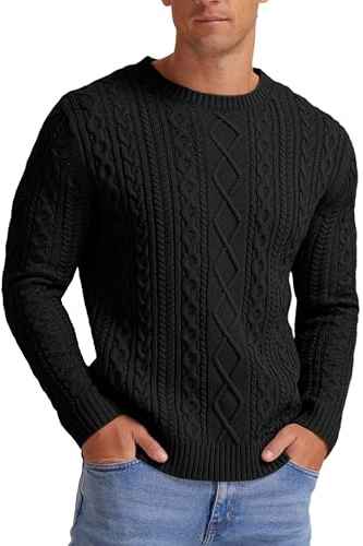 Hisir Men's Winter Cable Knit Jumpers Casual Crew Neck Thick Warm Long Sleeve Sweater Pullover Tops for Men UK (Black, XL)