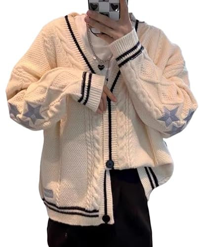 Damen Strickjacke Stern Stickerei Strick Open Front Cardigan V-Ausschnitt Langarm Oversized Button Sweater Mantel Outwear, Beige1, Klein