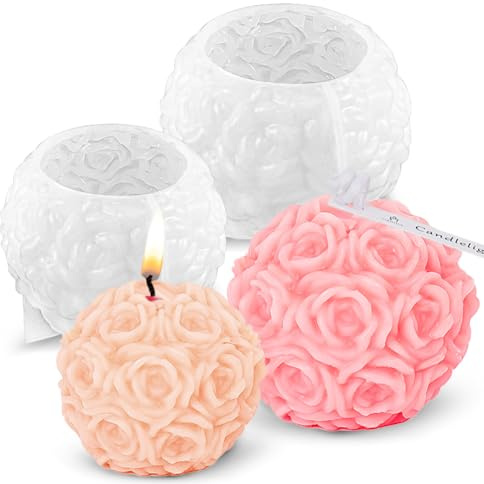 Piashow 2 stycken 3D rosenkula ljusform silikon, ros boll ljusformar silikon, DIY silikonformar ljus för vattning blomma, kakformar för doftljus Alla hjärtans dag Dekorativa ornament