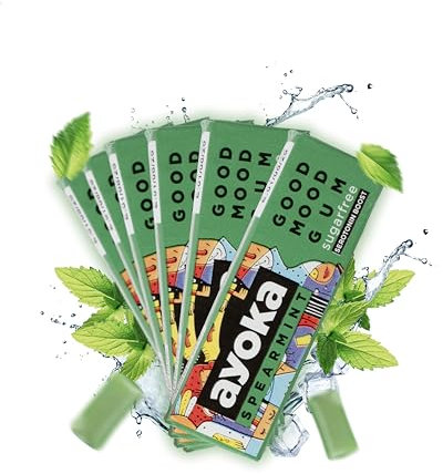 ayoka - Good Mood Gum Spearmint - zuckerfreies, veganes Kaugummi mit langanhaltendem Geschmack - Stimmung steigernd - Wiener Szene-StartUp - 6 Sticks à 10 Gums