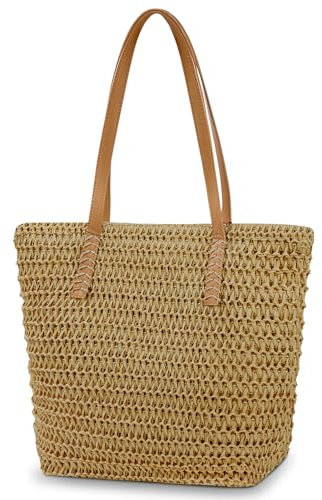 Aucuu Strohtasche, Strandtasche Damen, Stroh Handtasche mit Ledergriffe und Reißverschluss, Groß Schultertasche Umhängetasche für Urlaub Reisen Strand Sommer