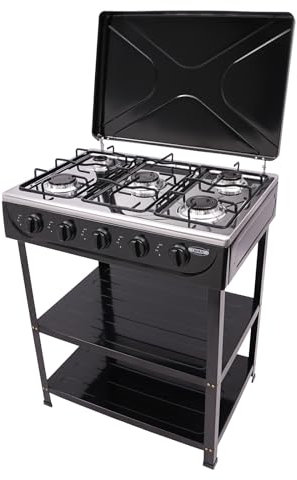 Cocina de gas natural con 5 fuegos para camping con 2 estantes, con 2 estantes, placa de gas, control independiente, para actividades al aire libre