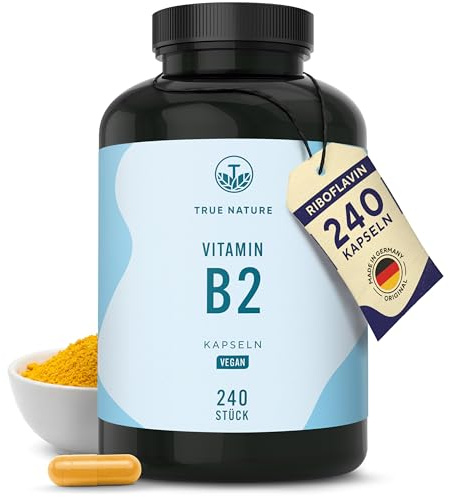 Vitamin B2 Riboflavin - Hochdosiert: 250mg Riboflavin - 240 Kapseln (Big Pack) - Unterstützt Energiestoffwechsel, Haut und Nerven - Laborgeprüft - Vegan & Deutsche Produktion - TRUE NATURE