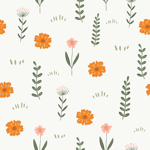 VaryFloral White Floral Self Adhesive Wallpaper 30.5cmx300cm Orange Daisy Contact Paper Waterproof Stick on Wallpaper Sage Botanical Self Adhesive Vinyl Thickened Vinyl Wrap for Furniture Cabinet