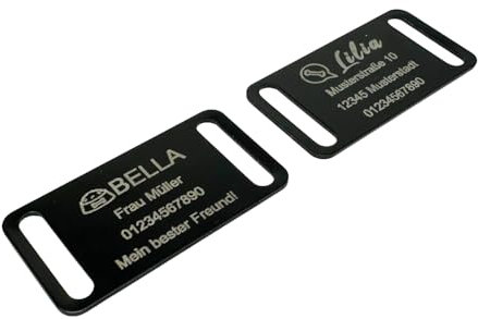 Hundemarke mit Gravur aus Aluminium 22mm x 42mm zum Aufschieben – Handgefertigtes, personalisiertes Namensschild für Hunde und Katzen – aufschiebbare Tiermarke mit Adresse und Telefonnummer