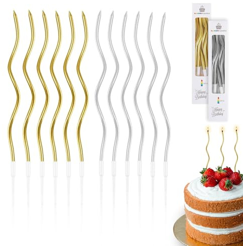 12 Velas Cumpleaños Originales | 6 Color Oro Metalizado y 6 Color Plateado | Vela de Cumpleaños Originales para Tarta Cupcakes con soporte | Largas y finas de 16,4 cm de color dorado y plateado