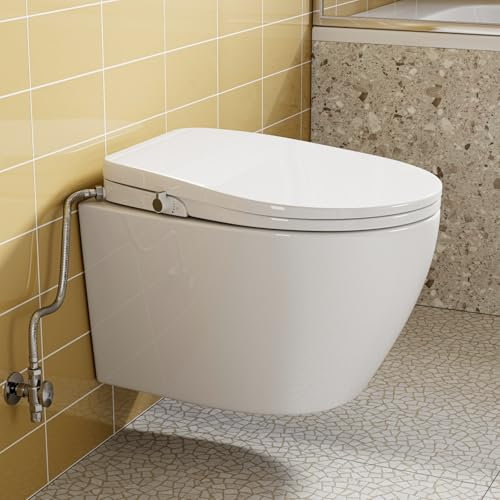 HOROW Hänge-WC-Set D-Form + Bidet-Aufsatz: Sanftschließender Sitz, 2 Düsen (Gesäß & Lady), Kompakt, ohne Stromanschluss, Abnehmbarer Sitz, Dusch-WC Funktion