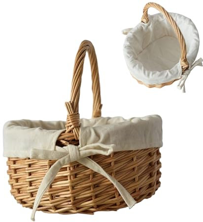 Dranng Cestino In Vimini Da Picnic Con Manico, Cesto Rotondo In Salice, Cesto Di Frutta E Fiori, 20X11X17CM, Beige