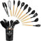 BrixStation Kitchen Utensils Set, 12 Piece Silicone Cooking Utensils Set, Non-Stick Spatula Turner Spoon with Wooden Handle, Heat Resistant Kitchen Tools for Nonstick Cookware - Black