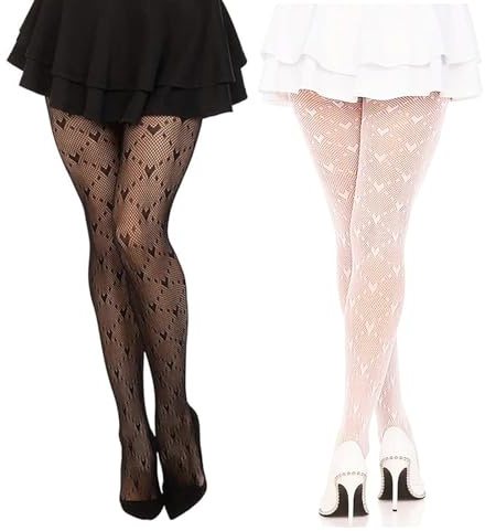 FveVqe 2Pcs White Lace Tights, Patterned Tights For Weddings & Parties, One Size (Black & White)
