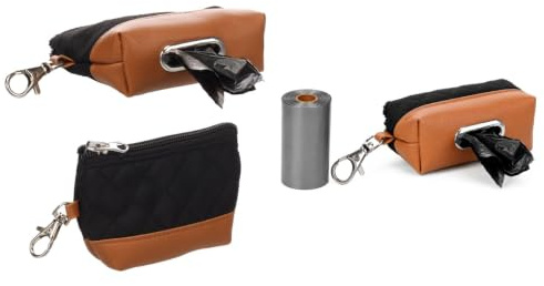 Sac à crottes chien – Cellie Noir – polyester & similicuir – fermeture éclair + mousqueton – 8x6x4 cm – 1 rouleau 20 sacs gratuit