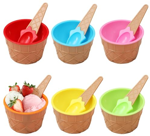 PORUPAEL 6 ciotole per gelato color caramella, tazze colorate per gelato con cucchiai, in plastica spessa, ciotole da dessert carine per famiglia, campeggio, feste