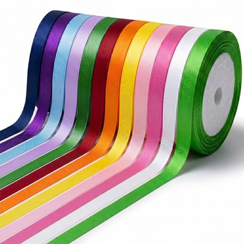 Jiaoshou Pan 12 Couleurs Ruban Satin, 10mm x 22m Ruban Tissu,Rubans Cadeau pour Emballage Cadeau, Décoration de Mariage, Loisirs Créatifs, Décoration de Fête