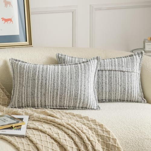 Madizz Juego de 2 Funda de cojíns Decorativas de Bucles con Borde Neutras Boho Fundas de Almohada Rayada para Sofá Dormitorio Salón Gris Blanco Rectangular 30 x 50 cm