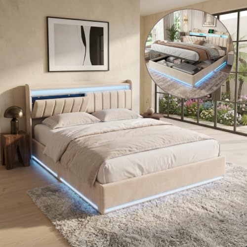 HYTKKBD Letto Matrimoniale Imbottito 160x200 cm, Letto Baule 160 x 200 con rete a LED e USB, Struttura letto con contenitore idraulico e testata per letti imbottita, Senza Materasso,velluto, beige