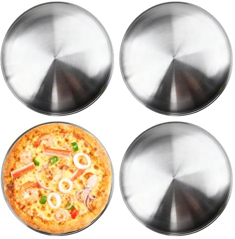 GOEDCH Set di 4 vassoi per pizza, 30 cm, in acciaio inox, rotondi, per forno, cottura, servire, arrostire, metallo argentato, per cucina, caffè, lavastoviglie