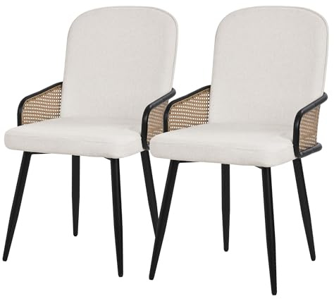 ML-Design Matsalsstolar 2-Pack Beige Tygstolar med Armstöd Rottinglook Stoppade Köksstolar Ergonomiska Lounge Stolar med Metallben Moderna Bekväma Vardagsrum Stolar Accentstolar för Matrum och Kök