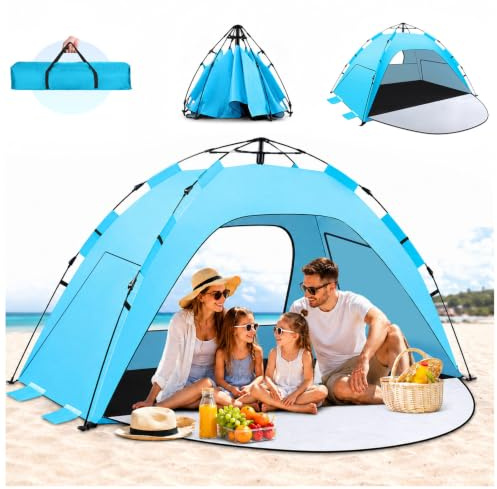 WARMTUYO Quick Up Strandmuschel, 3 Sekunde Automatisches Pop Up Strandzelt für Familie, Kein Aufbau Nötig, UV-Schutz 50+, mit 3 Erweiterbarer Veranda, Windschutz für Strand, Garten, Camping-Blau
