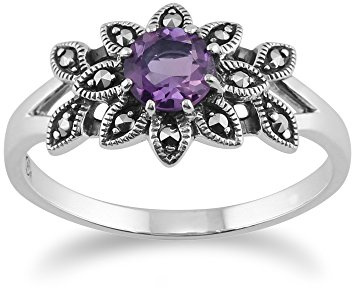 Gemondo Plata de Ley 925 Floral Estilo Art Nouveau Amatista y Marcasita Anillo
