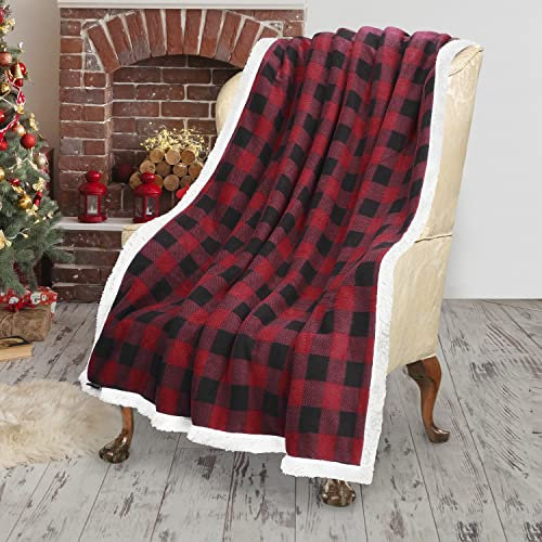 Catalonia Karierte Sherpa Decke Überwurf, Büffel Flauschige Wohndecke, Weihnachten Karo Warme Plüsch Mikrofaser Winter Reversible Decke für Couch Sofa Bett, 150x130CM, Plaid Rot