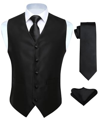 HISDERN V3-01 Formell väst för män, 3 delar, slim fit, jacquardväst, paisleyblommönster, väst, kostymväst för bröllop, bal och fest, Svart, XL