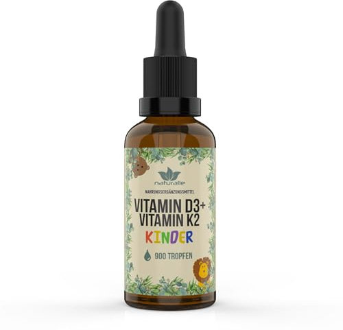 naturalie® – Vitamina vegana D3 e K2 Gocce per bambini | 250 UI di vitamina D3 (vitashine®) + 10µg K2 MK7 (K2VITAL®) per goccia | testato contro sostanze nocive | privo di additivi | circa 900 gocce