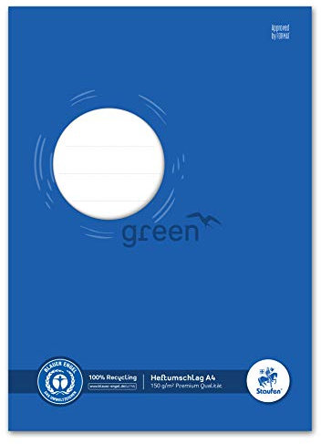 Staufen Ursus Heftumschlag mit Beschriftungsfeld, 10 Stück, DIN A4, 150g/m² Recyclingpapier, Schutz für Schulhefte, Farbe blau, Green