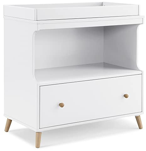 Delta Children Essex Convertible Changing Table with Drawer, Bianca White/Natural