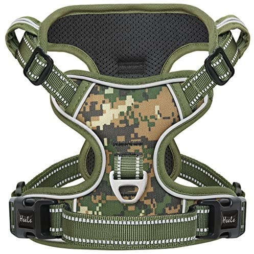 HEELE Harnais Chien, Harnais Anti Traction pour Chien, Respirant Réglable Gilet Durable Réfléchissant, Facile à Mettre, Camouflage Harnais pour Petit Moyen et Grand Chien, Camouflage Vert, M