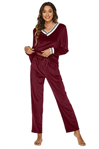 Ietaoo velour träningsoverall dam pyjamas tvådelad joggingdräkt sportdräkt vinter V-ringad tröja och byxor Nicki hemmadräkt pyjamasset, Vinröd, S