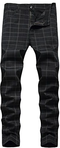 FEOYA Men's Plaid Chinos Dress Chino Trousers Slim Fit Suit Pants Stretch Straight Leg Trousers Fitted Cotton Checked Pants Zip Fly Casual Check Tartan Trouser Spring Autumn 01 Black 32 Inch Waist