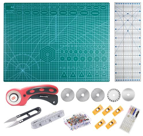 Schneidematte A2 Schneideunterlage 45x60cm Stoffschneider Rollschneider Set Mit 5 Ersatzklingen, 15x45cm Patchwork Lineal, Stoffklammern Schere Nadeln Stecknadeln Maßband Nähzubehör zum Basteln Nähen