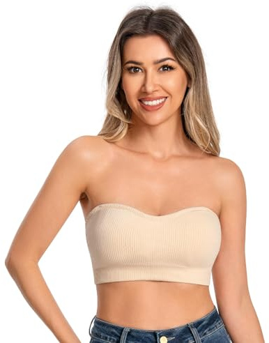 ANGOOL Strapless Bra Non Slip Removable Padded Non Wired Seamless Bandeau Bra with Convertible Straps Supportive Lift Lightweight Breathable, Beige, L