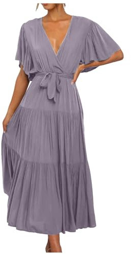WVONIF Robe Femme D'été Robe Robe De Cocktail Soirée Bal en Dentelle Mousseline Manche Courte Promo Demoiselle Honneur pour Fête Cérémonie Anniversaire Bal Mariage Robe Robe Rose ( Violet, S