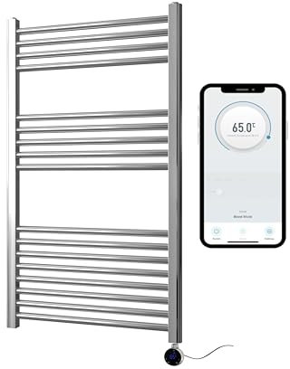 Greened House Chrome Electric Smart WiFi Controlled Heated Towel Rail 600mm W x 1000mm H Flat 7 Day Programmable Timer App Compatibility