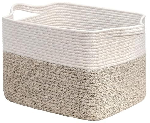 IWVDHSD Woven Storage Basket for Books, Toys, and Clothing, Decorative Closet Rope Basket for Bathroom, Bedroom, and Laundry Room, 33x25x23cm(White and Linen)