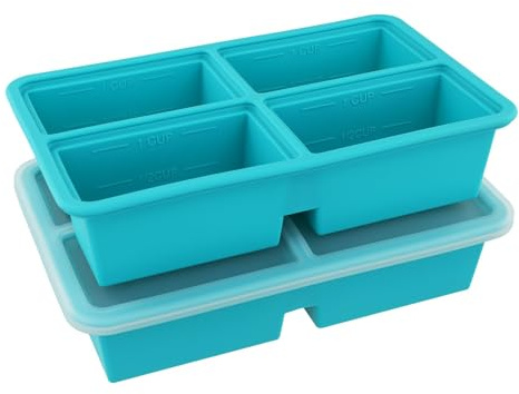 2 Pack Extra Large Soup Containers for Freezing, Silicone Cube Soup Freezer Mould with Lid, Meal Prep Soup Storage Containers, Large Ice Cube Tray for Sauce, 4-Compartment Freezer Container,Blue