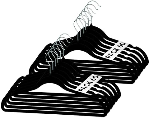 Mundo Home 60X Perchas de Terciopelo Negro para Ropa - Perchas con Ranura para Hombro y Gancho Giratorio 360º - Perchas para Pantalones, Camisa, Vestidos - Colgadores de Ropa Antideslizante